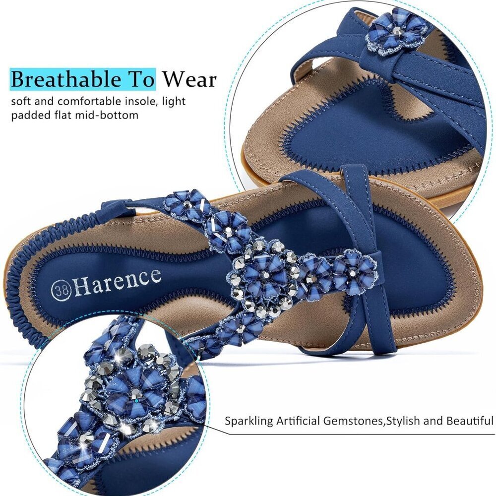 Women Summer Flat Sandals Faux Leather Blue Size 8 Open Toe Bohemian - Picture 3 of 6